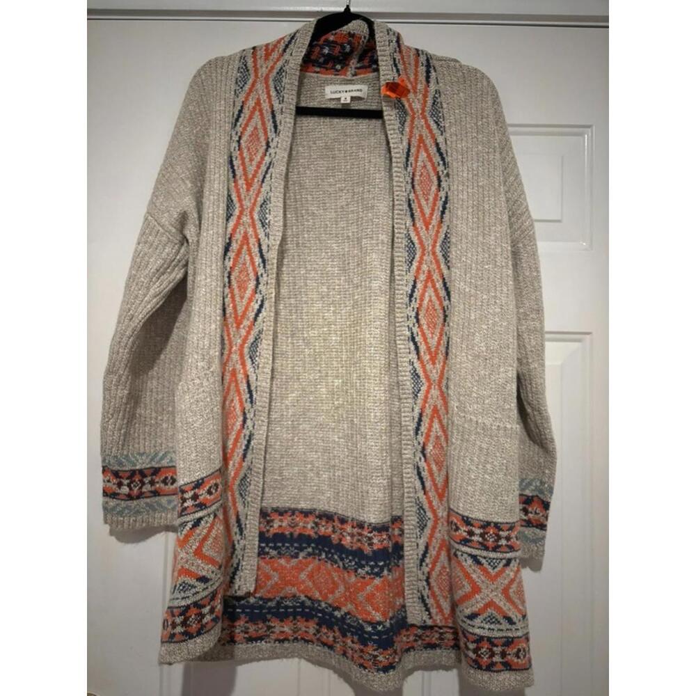 Women's Lucky Brand biege long‎ cardigan sz M...oversized.  #835